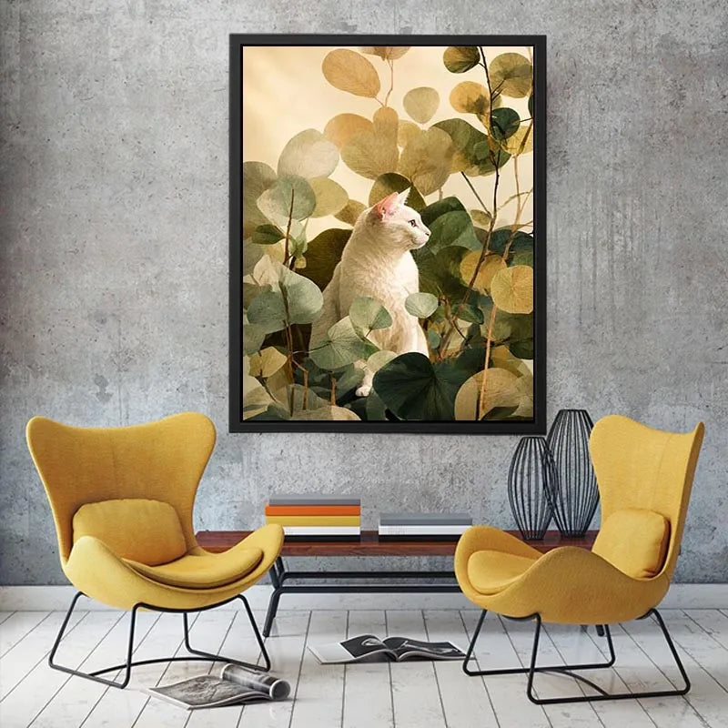 White cat botanical canvas print for serene bedroom or office decor.
