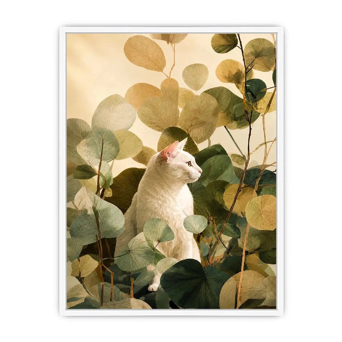 White cat botanical canvas print for serene bedroom or office decor.