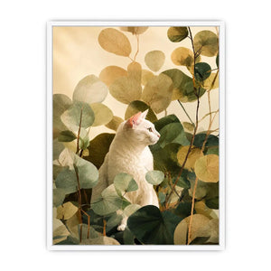 White cat botanical canvas print for serene bedroom or office decor.