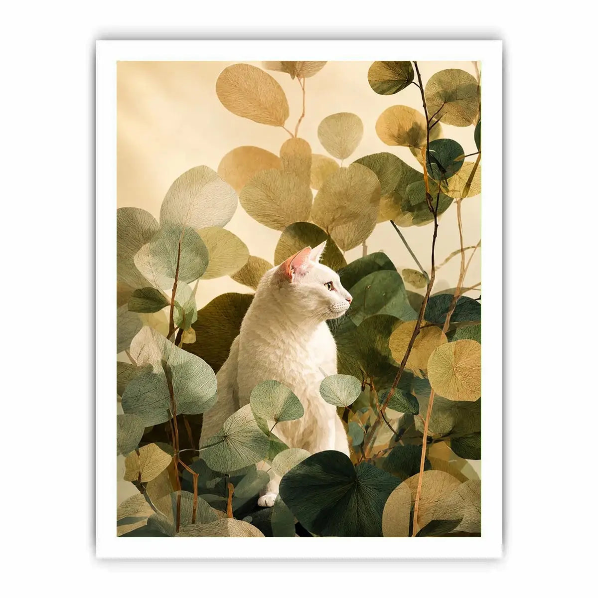 White cat botanical canvas print for serene bedroom or office decor.