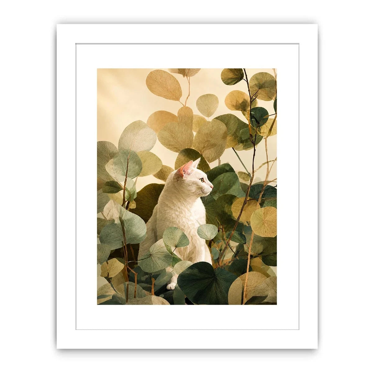 White cat botanical canvas print for serene bedroom or office decor.