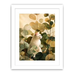 White cat botanical canvas print for serene bedroom or office decor.