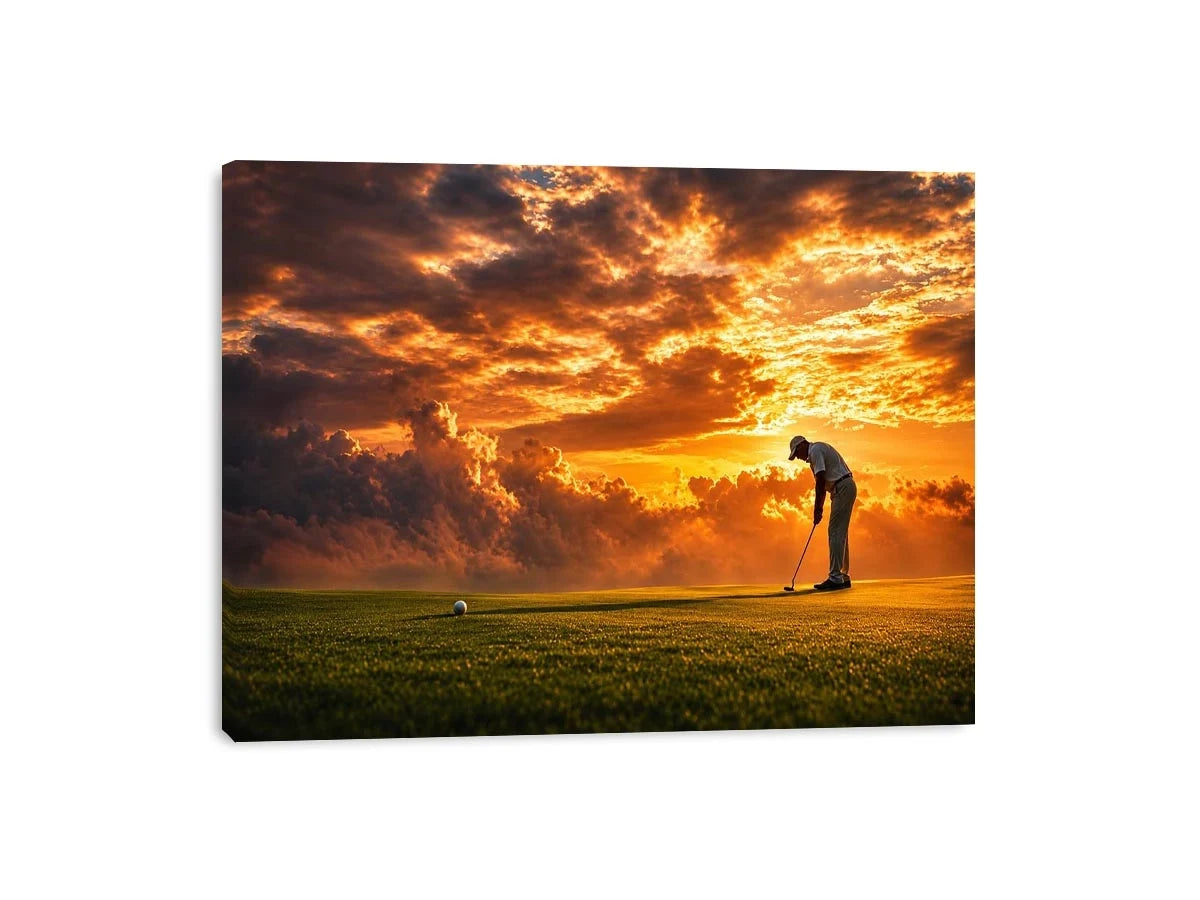 Golf sunset canvas art for office, mancave, or living room decor.