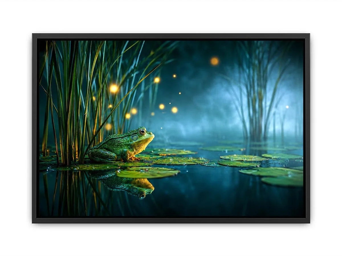 Dreamy frog canvas art with teal marsh lights for calming room decor.