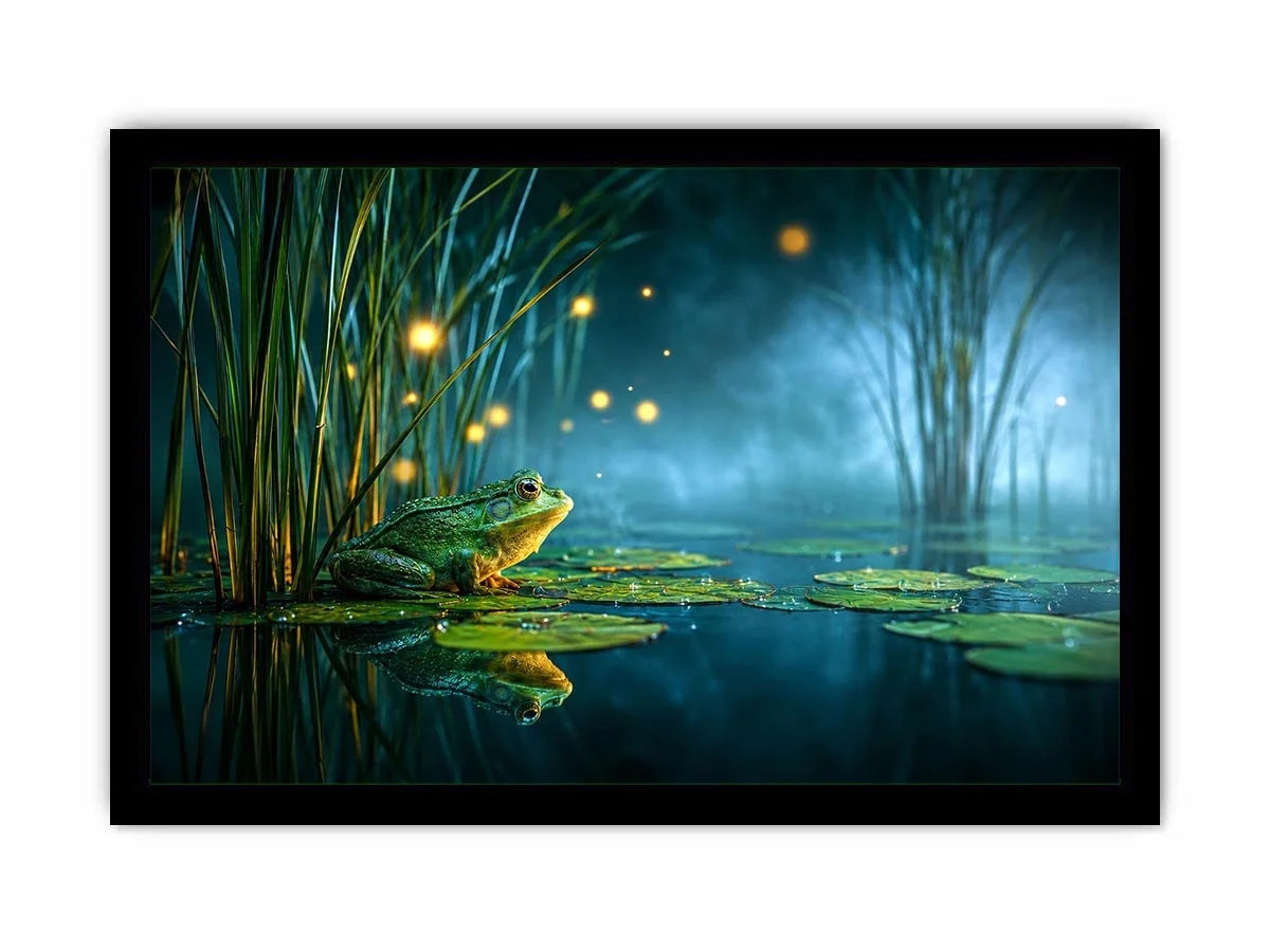 Dreamy frog canvas art with teal marsh lights for calming room decor.
