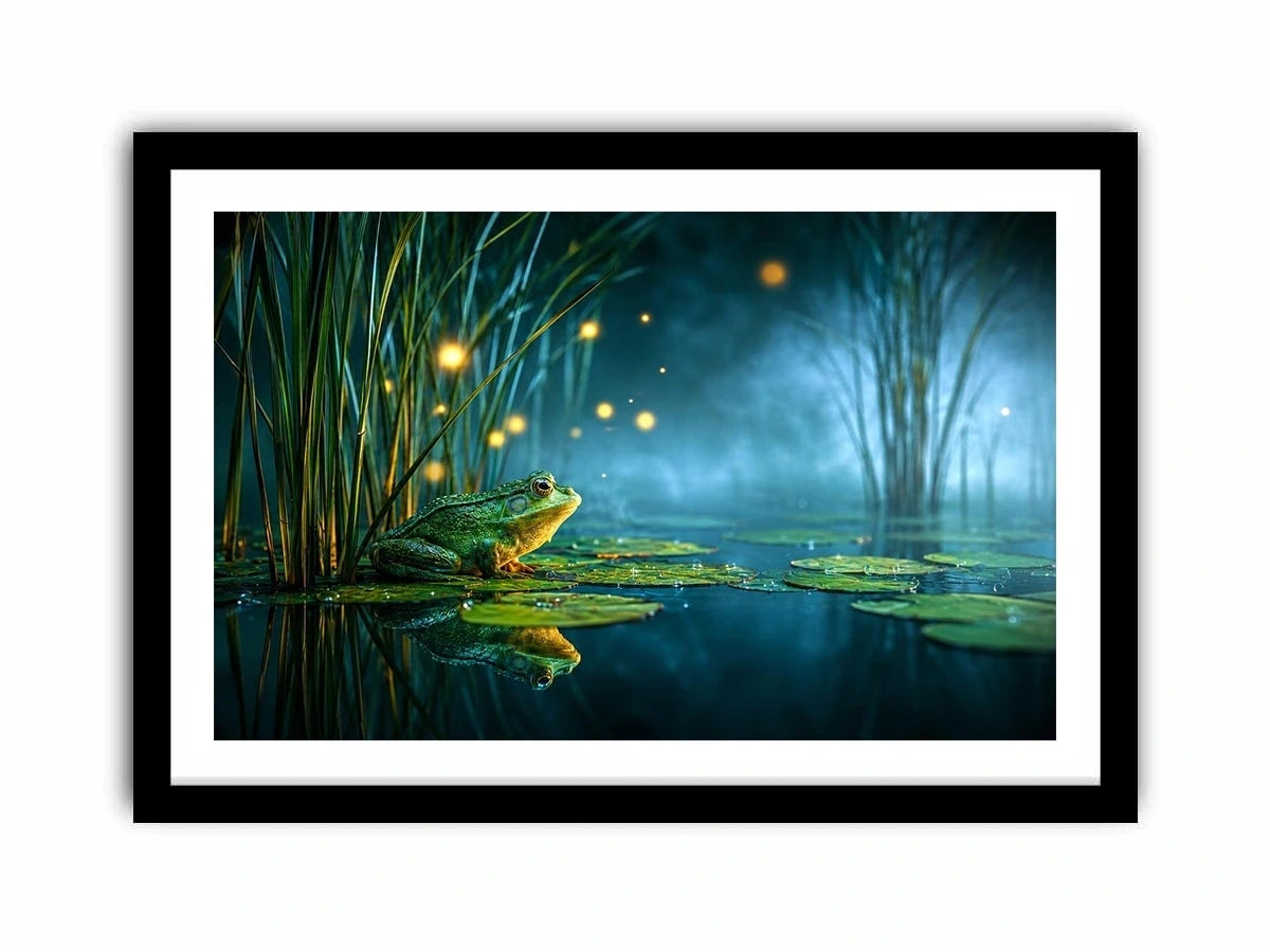Dreamy frog canvas art with teal marsh lights for calming room decor.