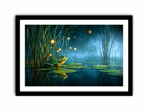 Dreamy frog canvas art with teal marsh lights for calming room decor.