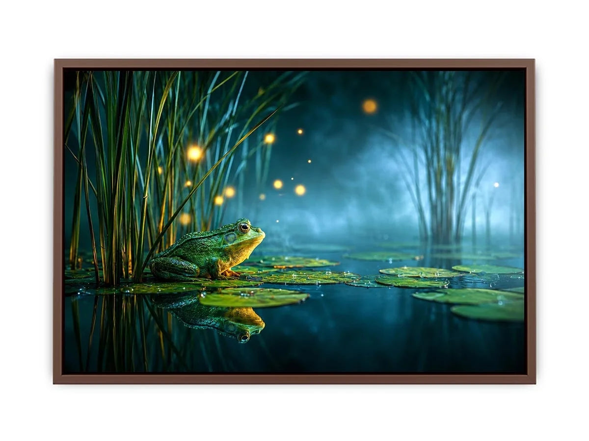 Dreamy frog canvas art with teal marsh lights for calming room decor.