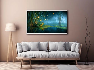 Dreamy frog canvas art with teal marsh lights for calming room decor.
