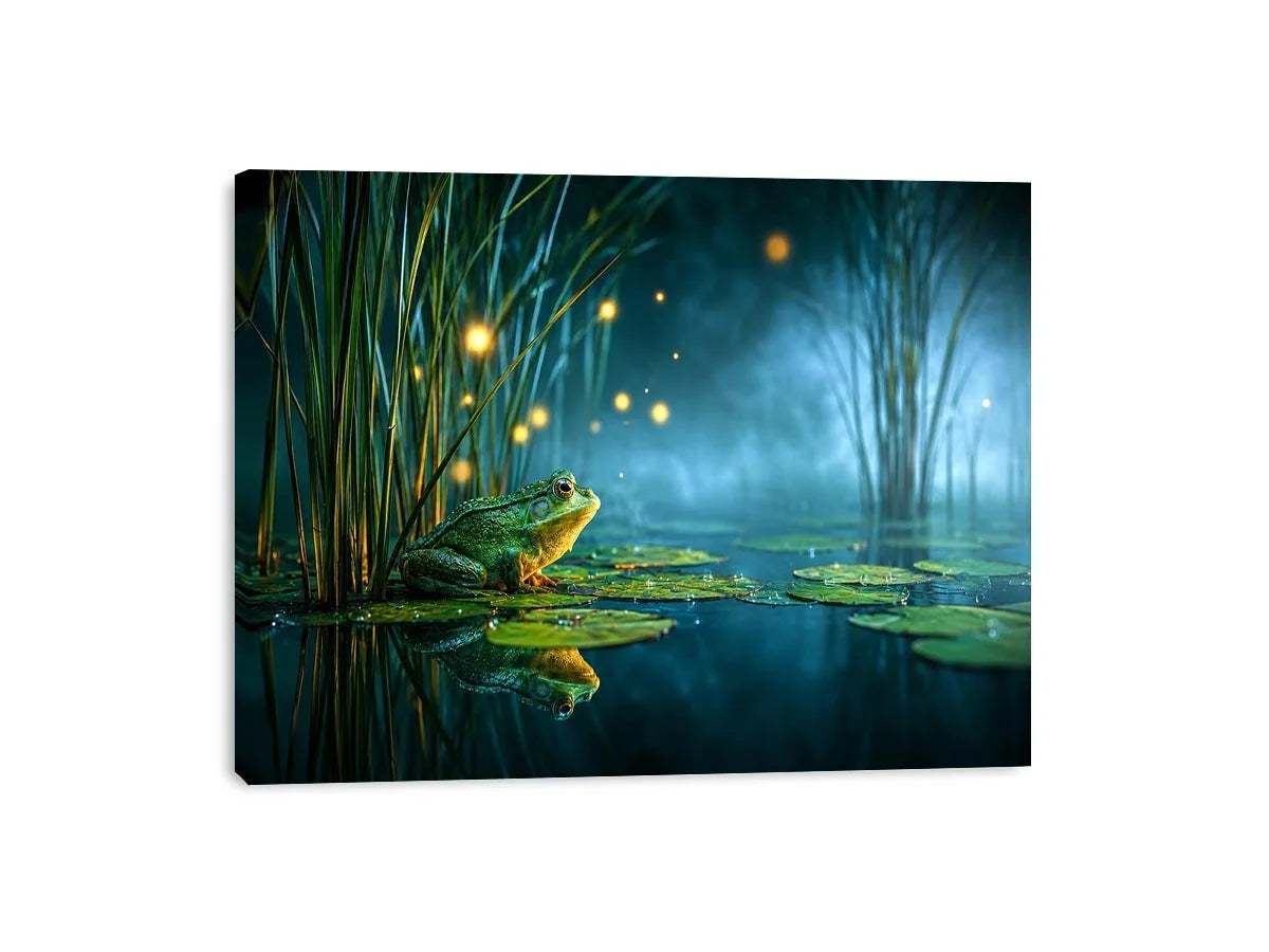 Dreamy frog canvas art with teal marsh lights for calming room decor.