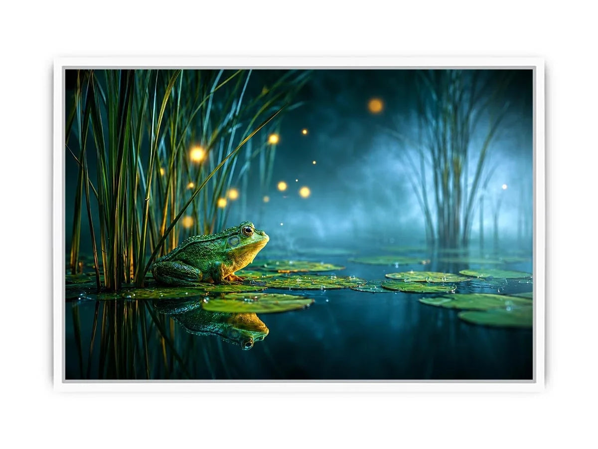 Dreamy frog canvas art with teal marsh lights for calming room decor.