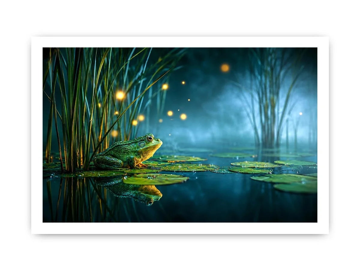 Dreamy frog canvas art with teal marsh lights for calming room decor.