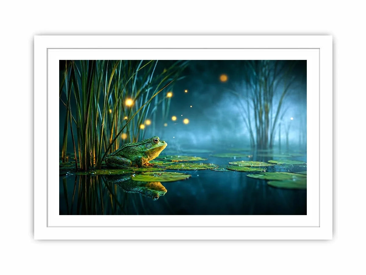 Dreamy frog canvas art with teal marsh lights for calming room decor.