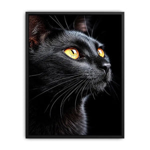 Black cat portrait canvas art with amber eyes for modern room decor.