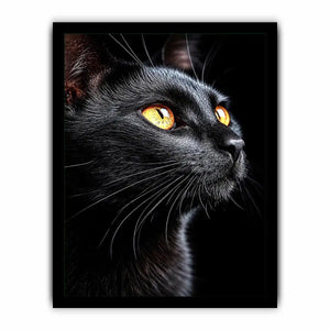 Black cat portrait canvas art with amber eyes for modern room decor.