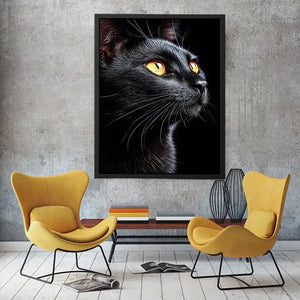 Black cat portrait canvas art with amber eyes for modern room decor.