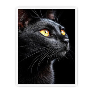 Black cat portrait canvas art with amber eyes for modern room decor.