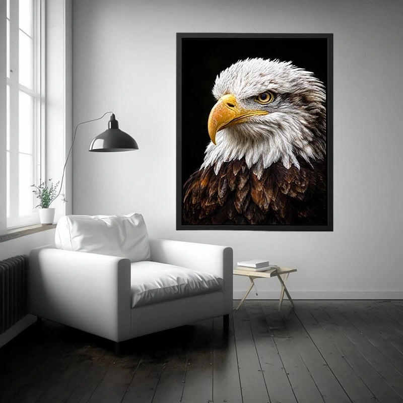 Bald eagle portrait canvas art for office or classic living room decor.