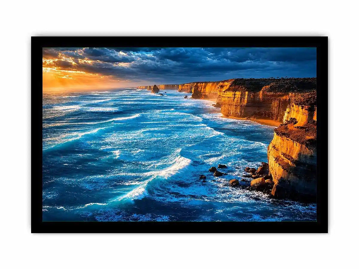 Dramatic coastal ocean canvas art for living room or beach house decor.