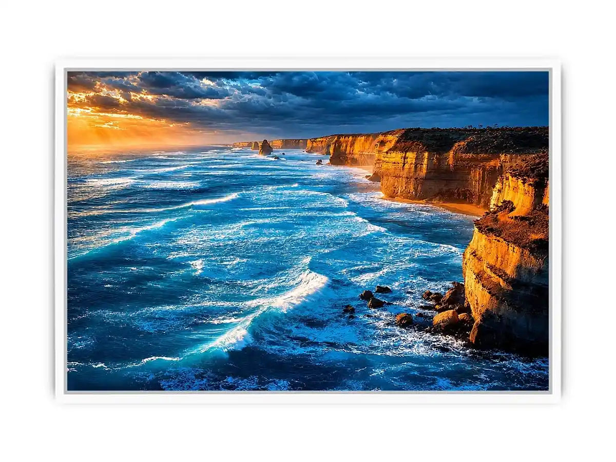 Dramatic coastal ocean canvas art for living room or beach house decor.