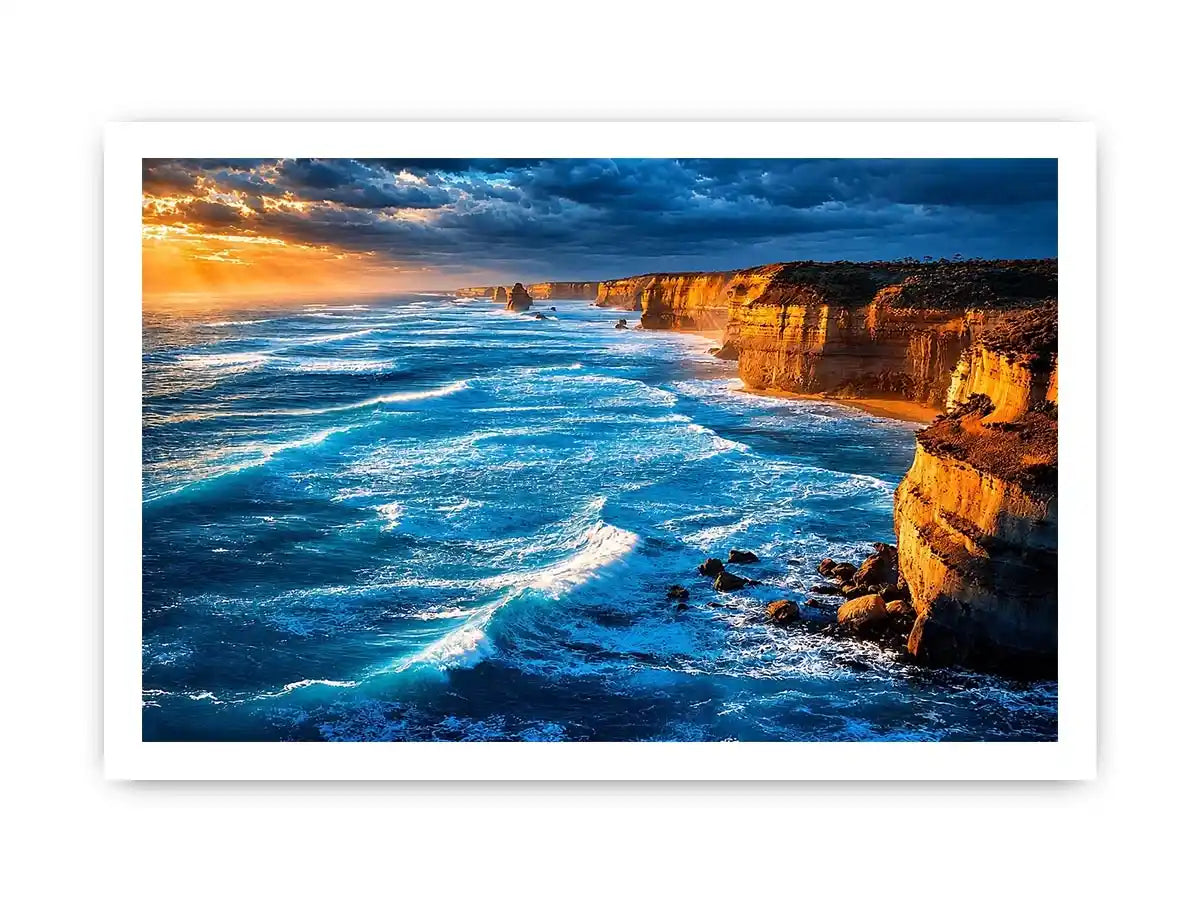 Dramatic coastal ocean canvas art for living room or beach house decor.