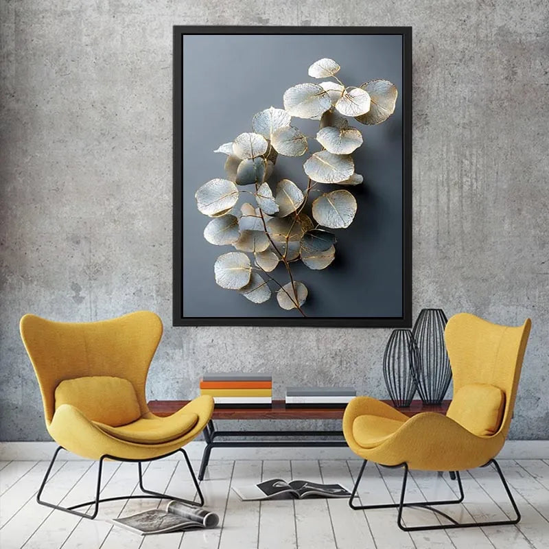 White botanical leaf canvas art for serene modern living room decor.