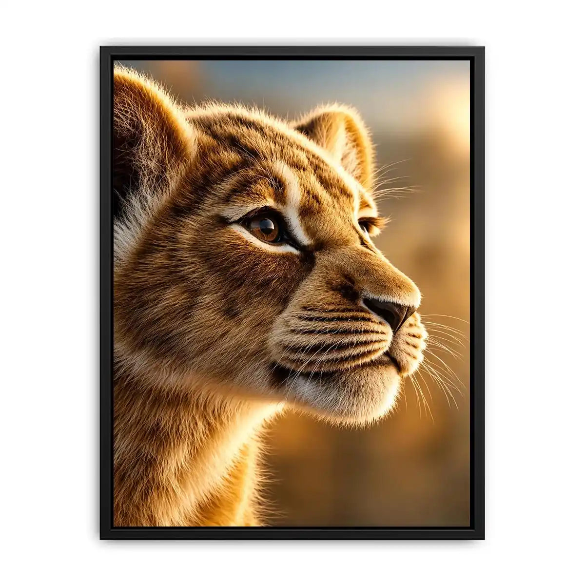 Young lion cub portrait canvas art for warm modern living room decor.