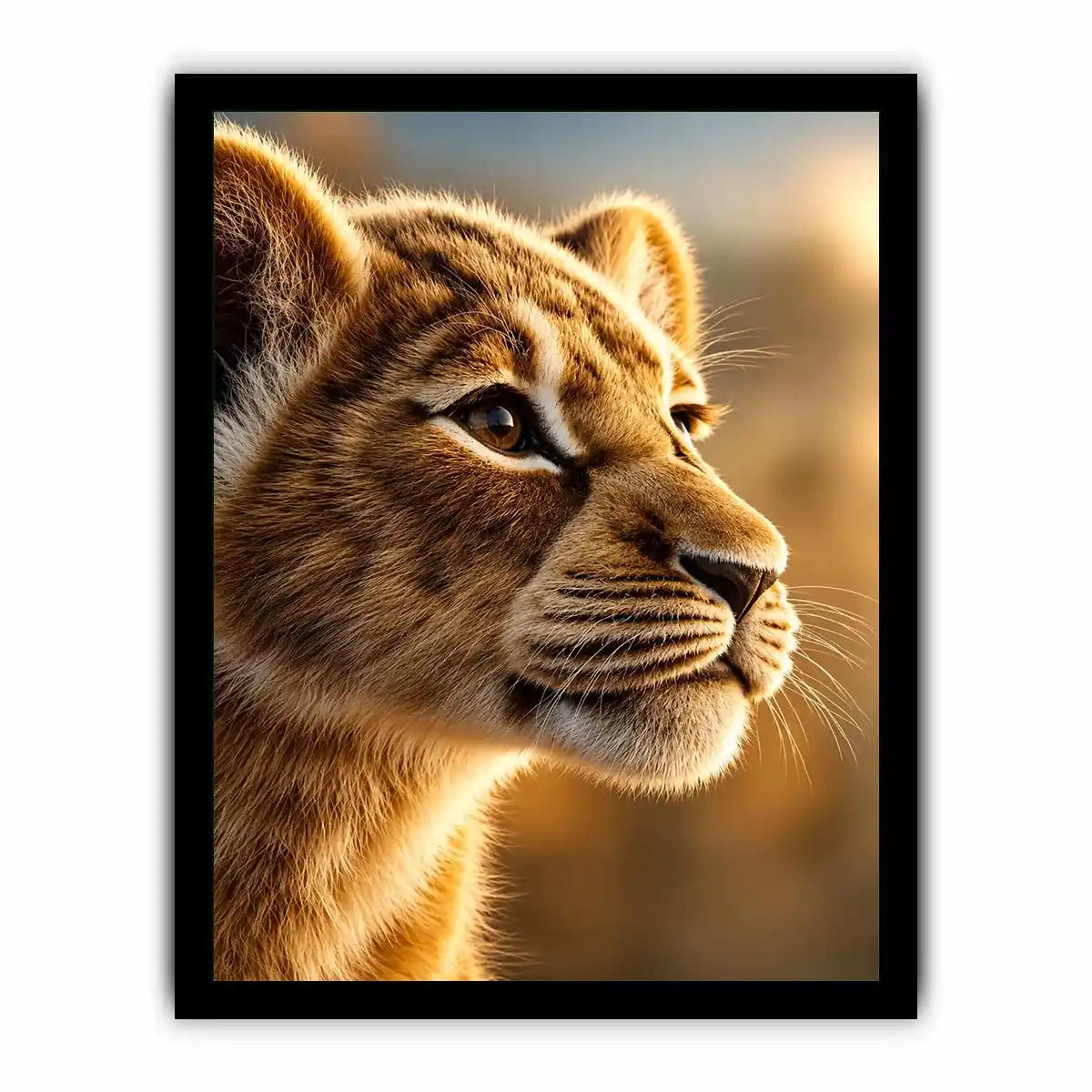 Young lion cub portrait canvas art for warm modern living room decor.