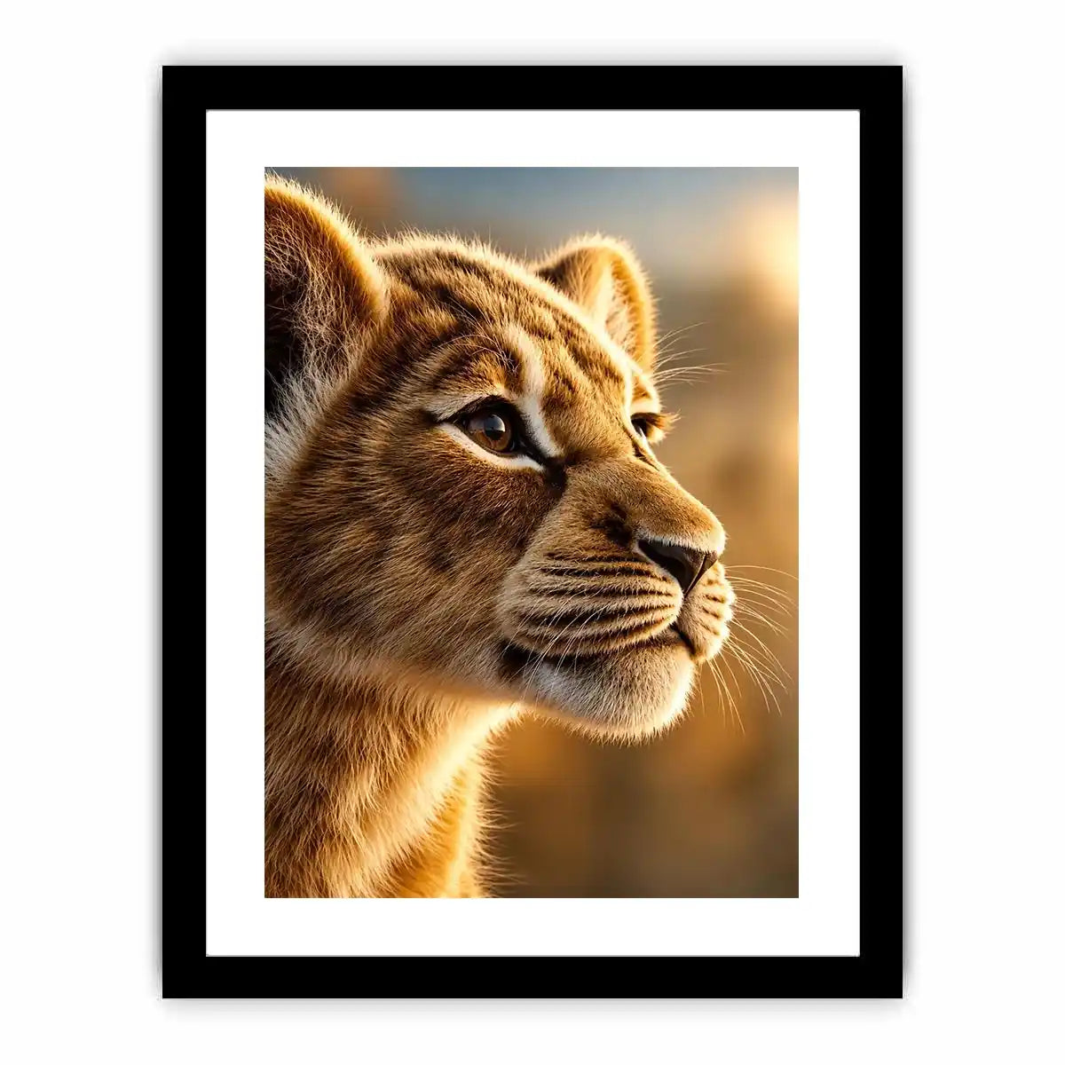 Young lion cub portrait canvas art for warm modern living room decor.