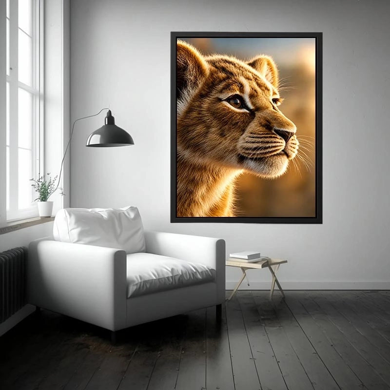 Young lion cub portrait canvas art for warm modern living room decor.