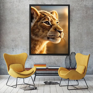 Young lion cub portrait canvas art for warm modern living room decor.