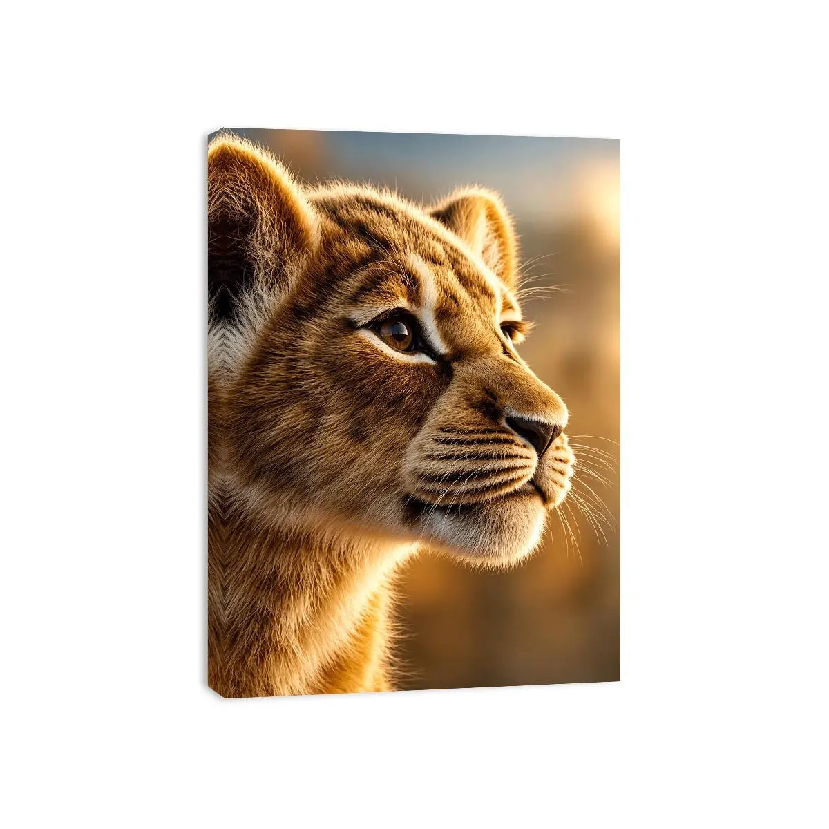 Young lion cub portrait canvas art for warm modern living room decor.