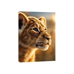 Young lion cub portrait canvas art for warm modern living room decor.
