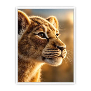 Young lion cub portrait canvas art for warm modern living room decor.