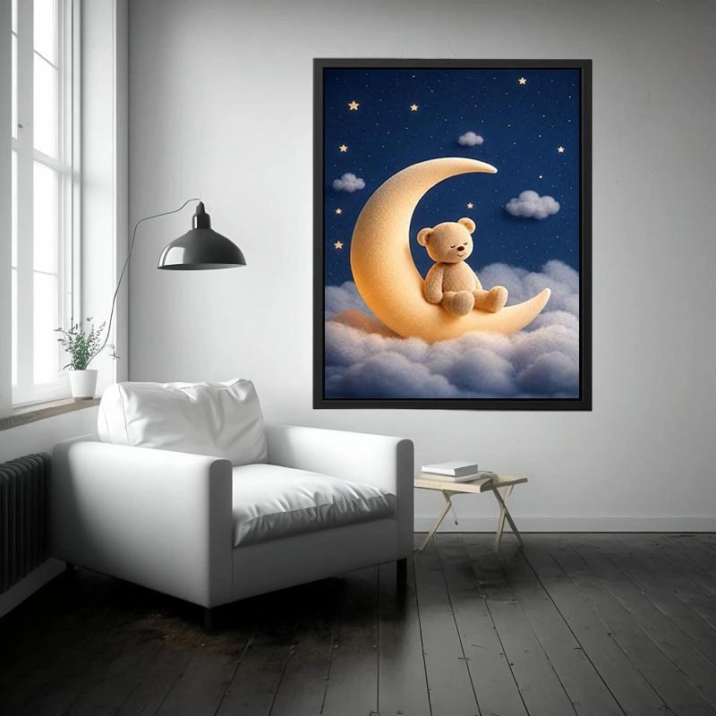 Teddy bear moon canvas print for dreamy nursery and kids room decor.