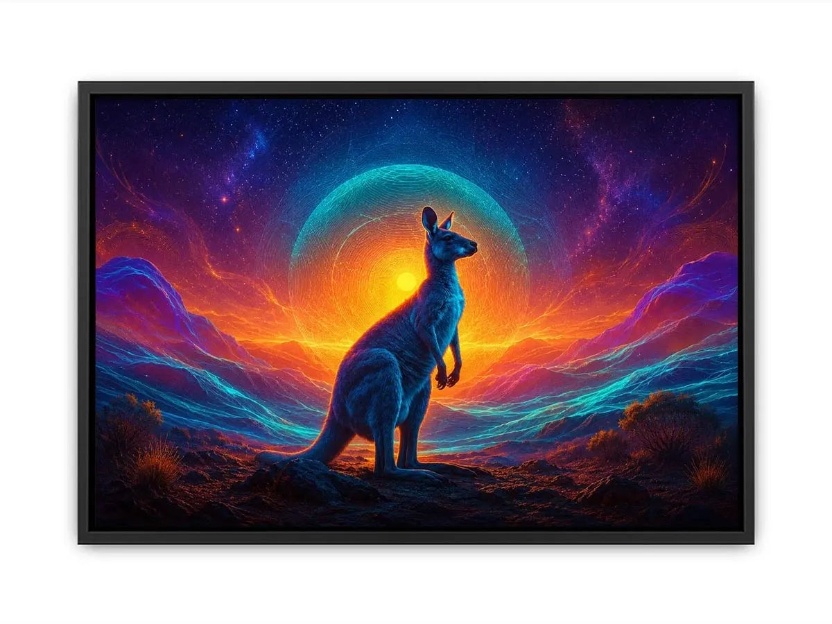 Neon kangaroo landscape canvas art for bold modern living room decor.