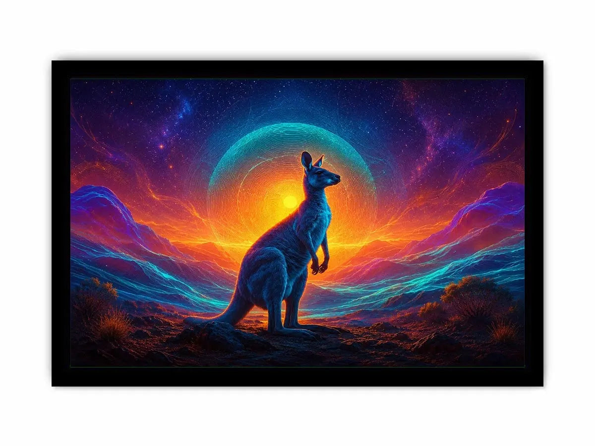 Neon kangaroo landscape canvas art for bold modern living room decor.