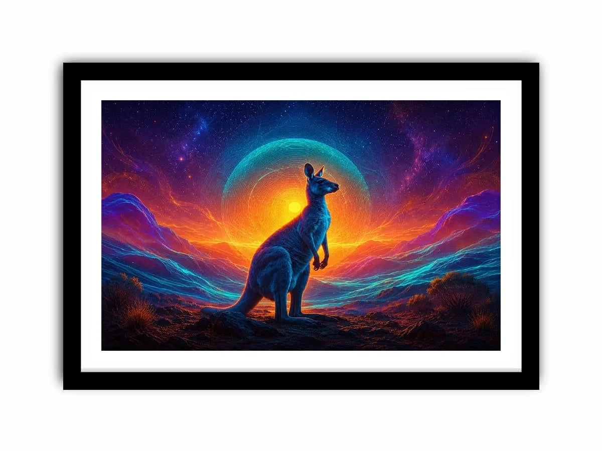 Neon kangaroo landscape canvas art for bold modern living room decor.