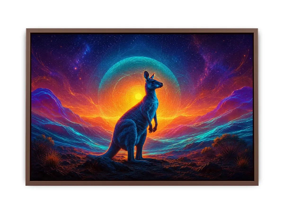 Neon kangaroo landscape canvas art for bold modern living room decor.