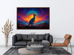 Neon kangaroo landscape canvas art for bold modern living room decor.