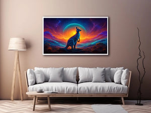 Neon kangaroo landscape canvas art for bold modern living room decor.