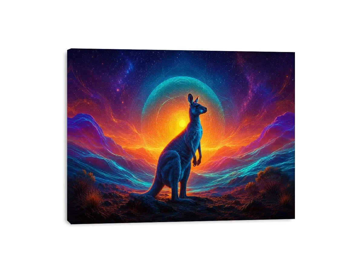 Neon kangaroo landscape canvas art for bold modern living room decor.