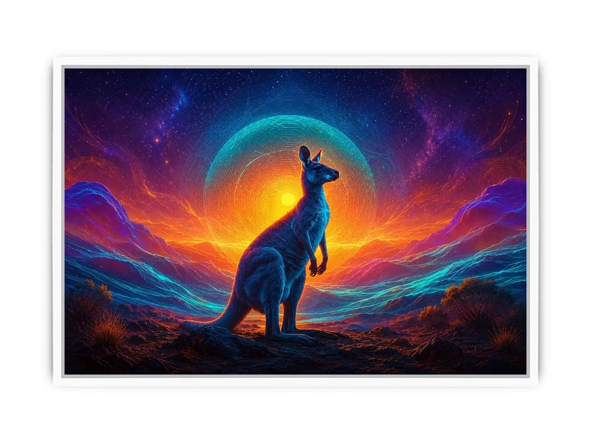 Neon kangaroo landscape canvas art for bold modern living room decor.