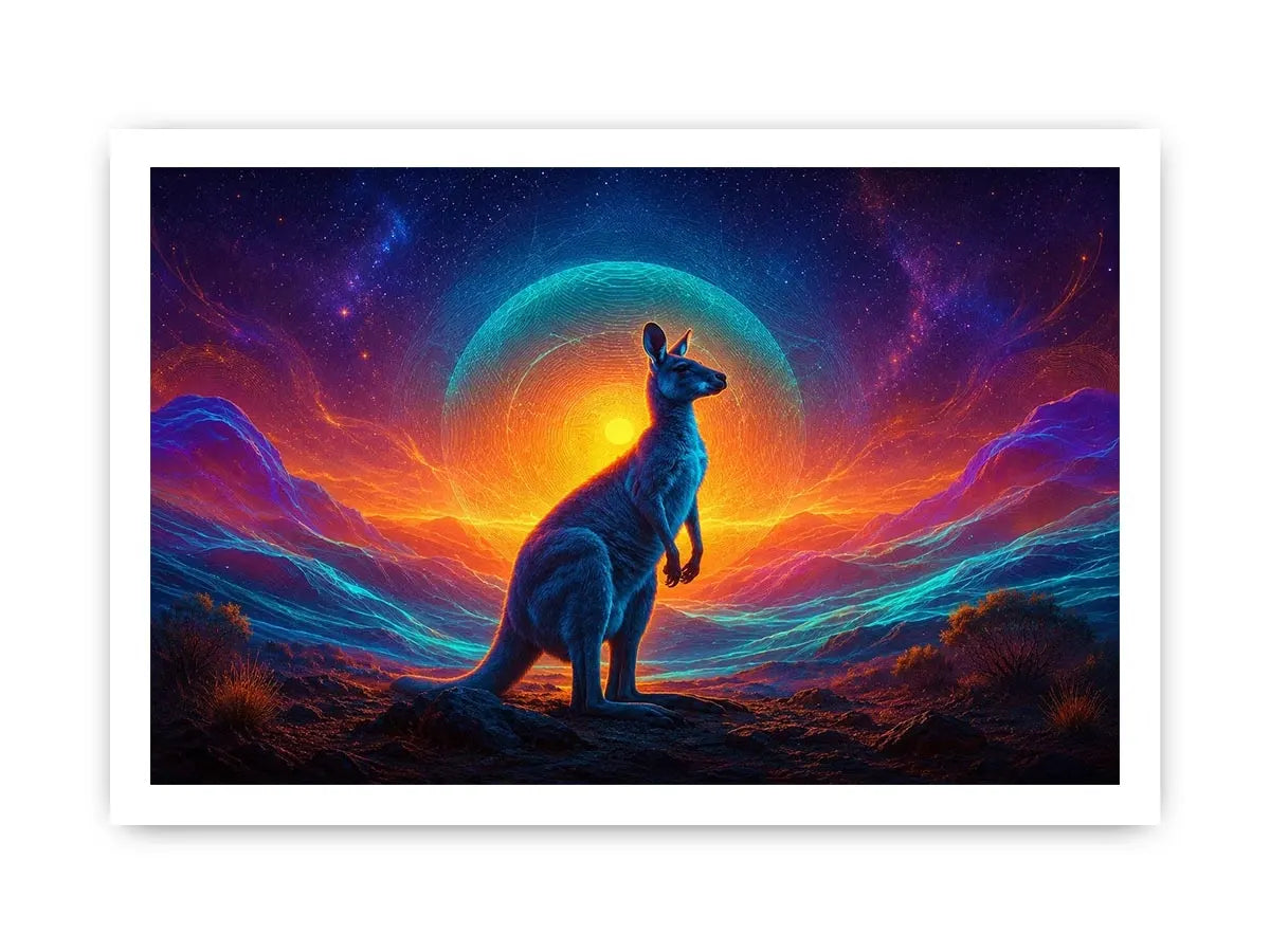 Neon kangaroo landscape canvas art for bold modern living room decor.