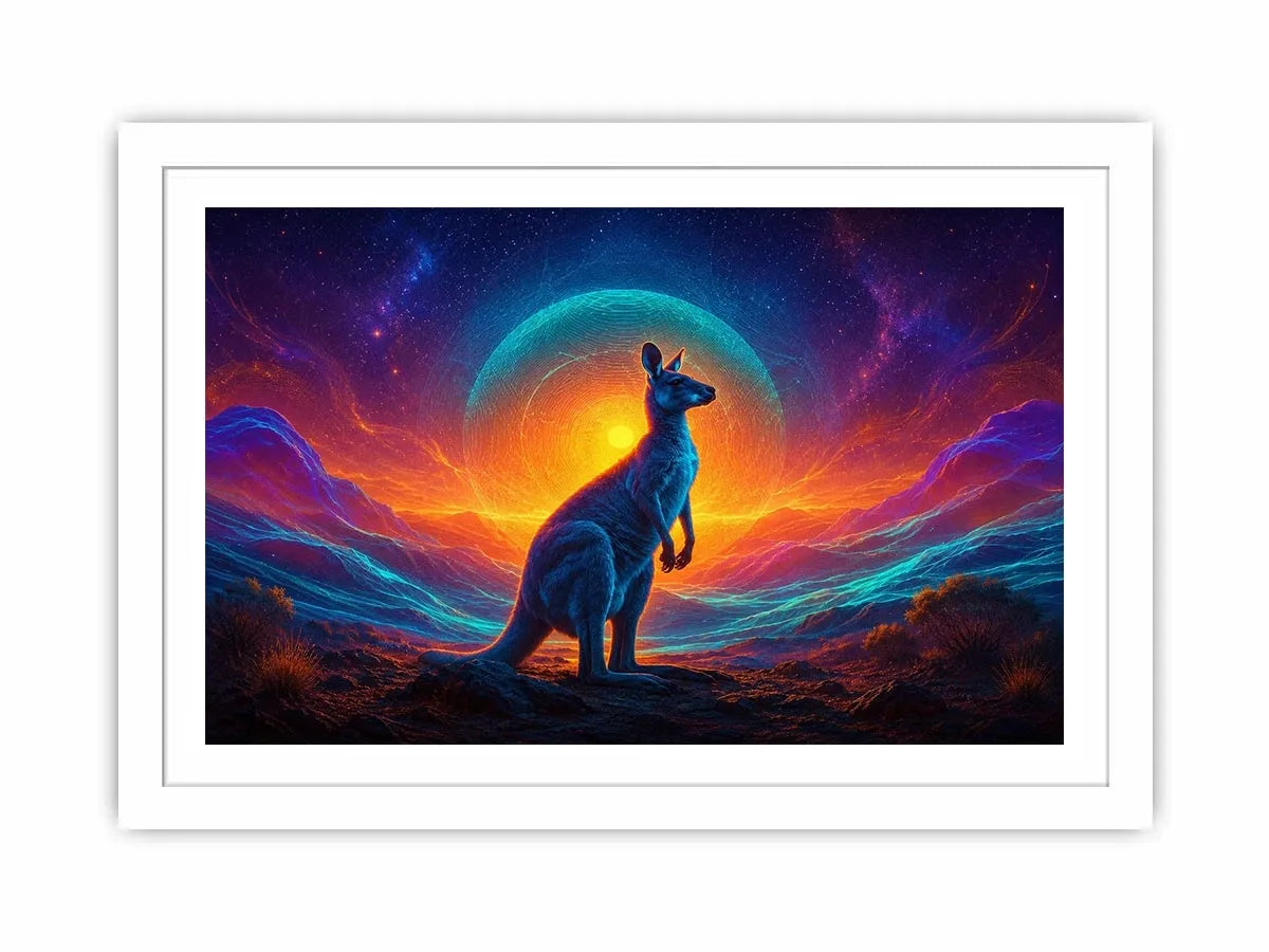 Neon kangaroo landscape canvas art for bold modern living room decor.