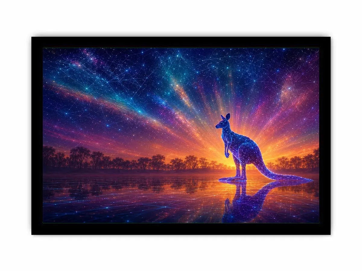 Cosmic kangaroo canvas print for colorful modern living room decor.