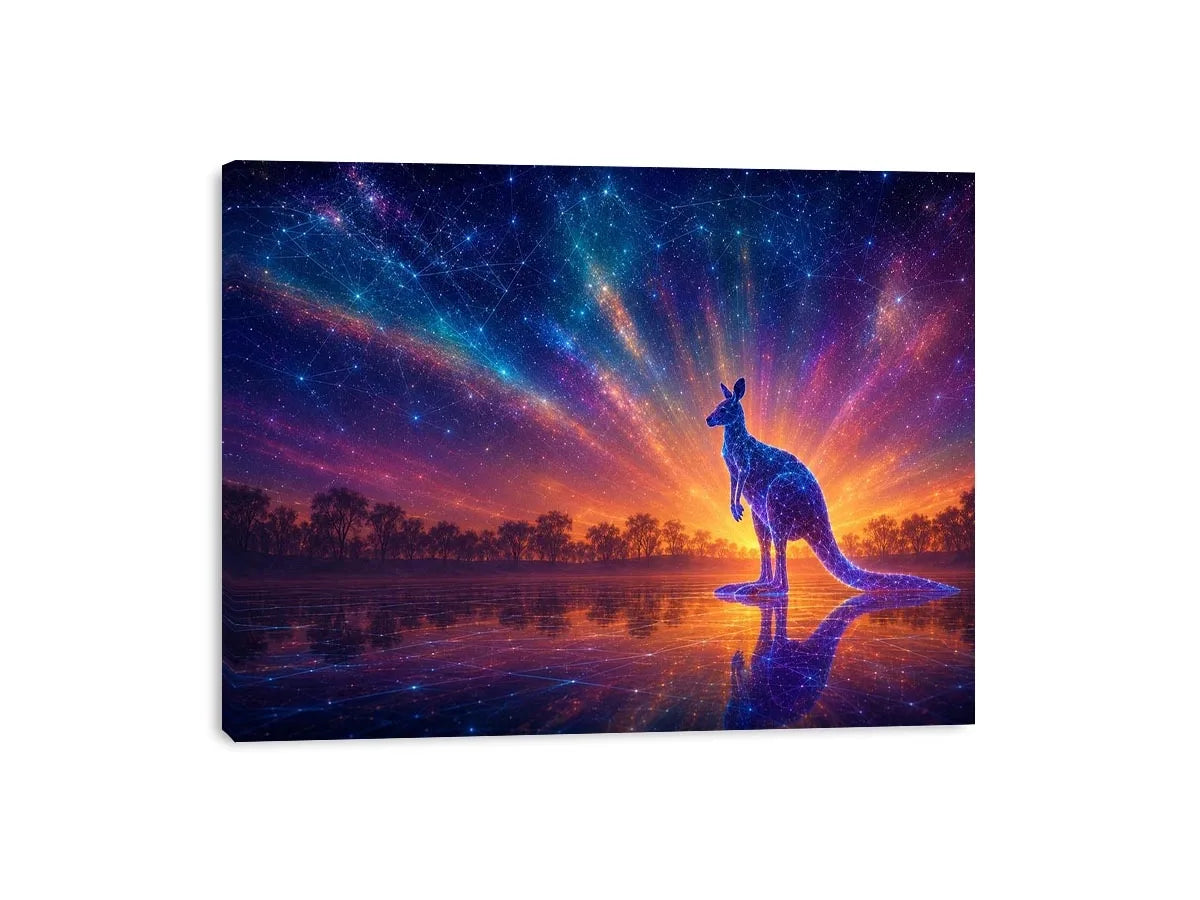 Cosmic kangaroo canvas print for colorful modern living room decor.