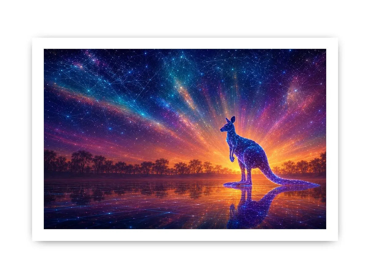 Cosmic kangaroo canvas print for colorful modern living room decor.