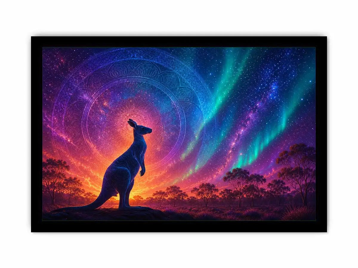 Aurora kangaroo canvas art for dreamy boho bedroom wall decor.