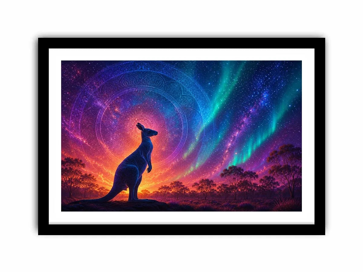 Aurora kangaroo canvas art for dreamy boho bedroom wall decor.